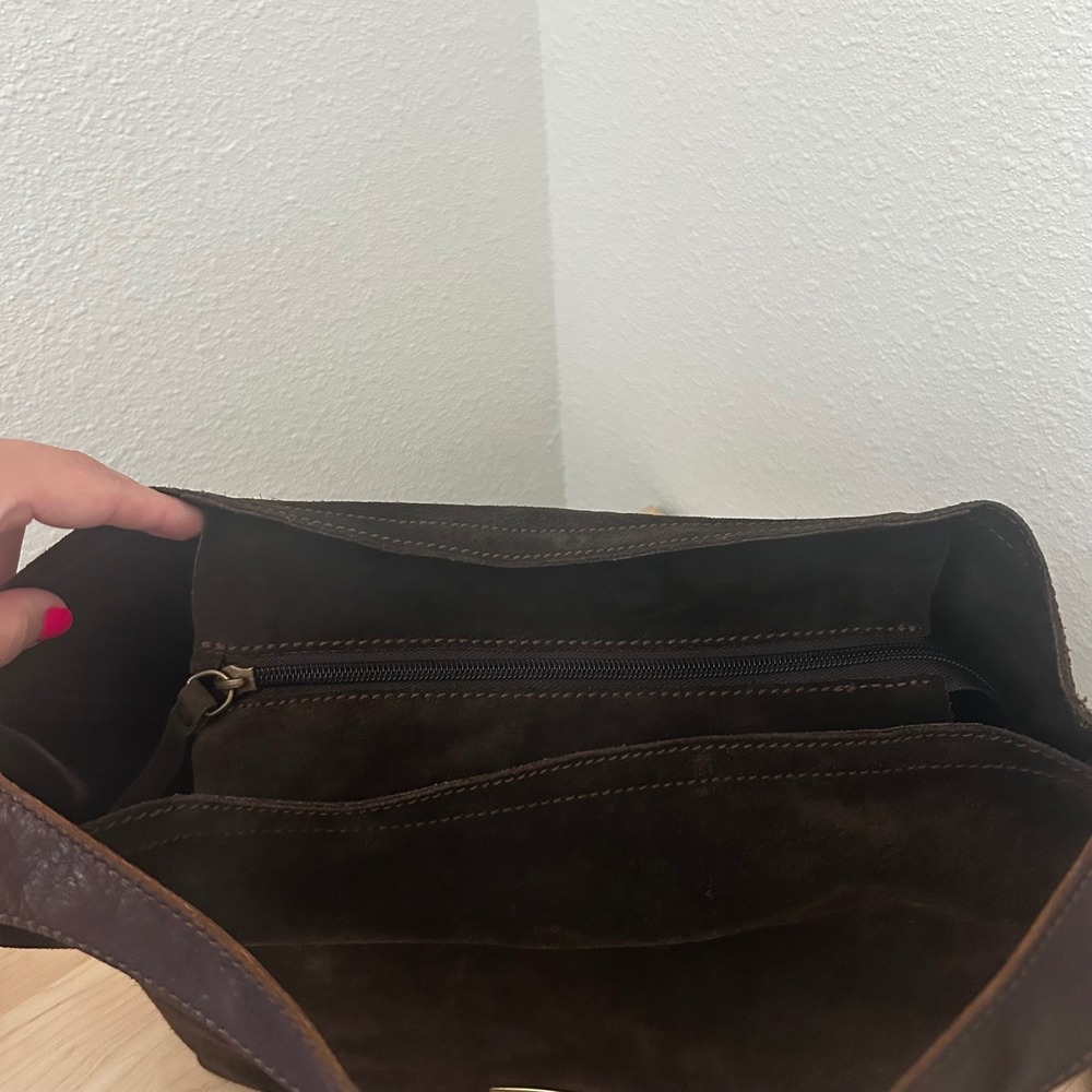 Nicoli Brown Italian Suede slouchy Shoulder Bag Whipstitch + inside pocket - Picture 7 of 12